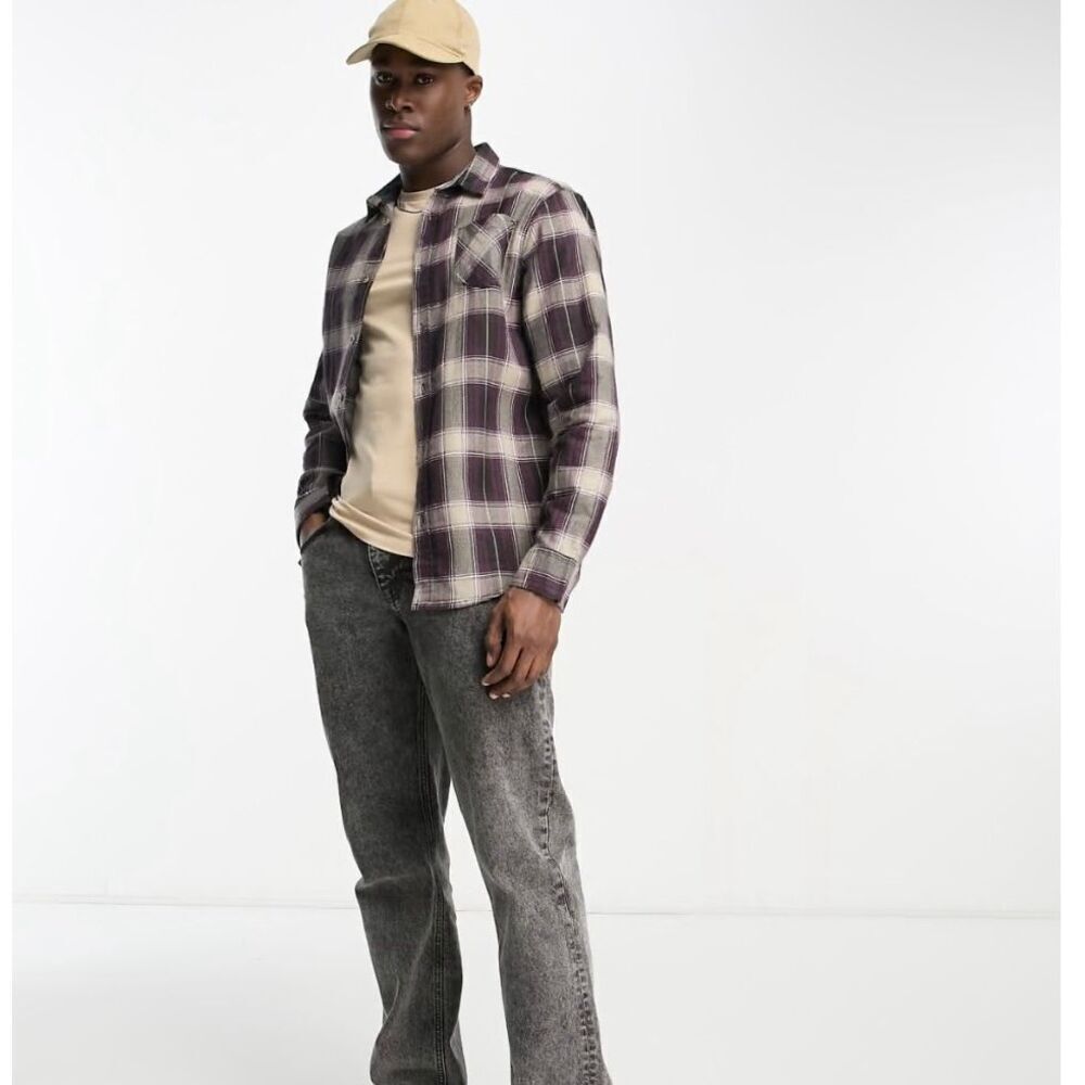 Brave Soul cotton check shirt in ecru & burgundy plaid button down long sleeved